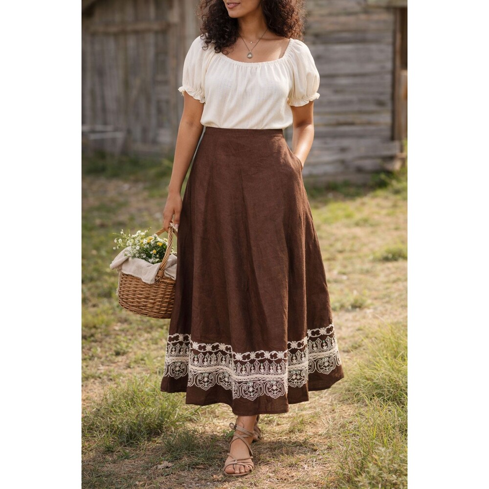Women's Rustic Cottagecore Brown Linen Skirt Midi Length White Embroidery Hem 12 - Picture 2 of 5